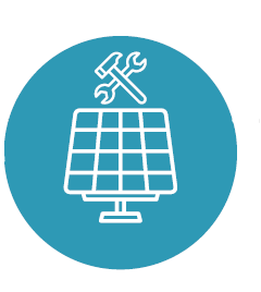En ikon som kombinerar solpaneler och verktyg, vilket representerar installation, underhåll eller arbete med solpaneler