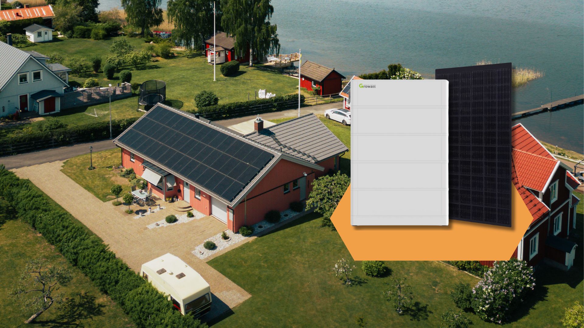 Ett luftfoto som visar ett rött hus med solpaneler på taket, bredvid en bild av en Growatt-batterilagringsenhet och en solpanel, symboliserar CheckWatts vision för framtidens hållbara energiförvaltning.
